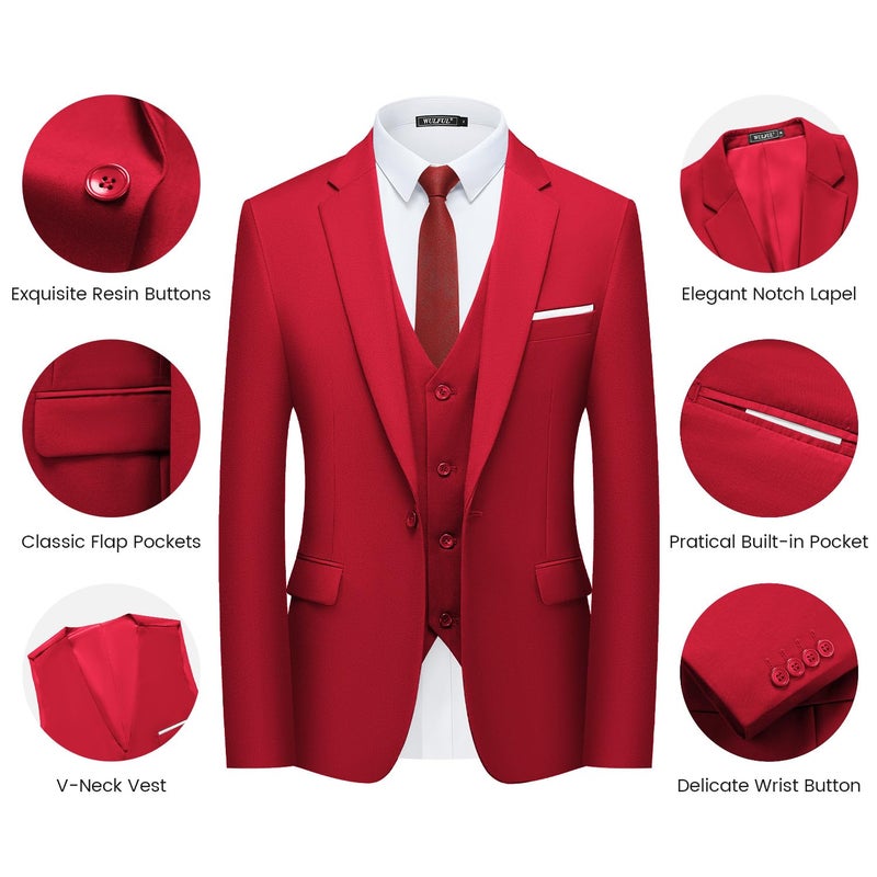 WULFUL Menâ€™s Slim Fit Suit One Button 3-Piece Blazer Dress Business Wedding Party Jacket Vest & Pant Wine Red - Image 5